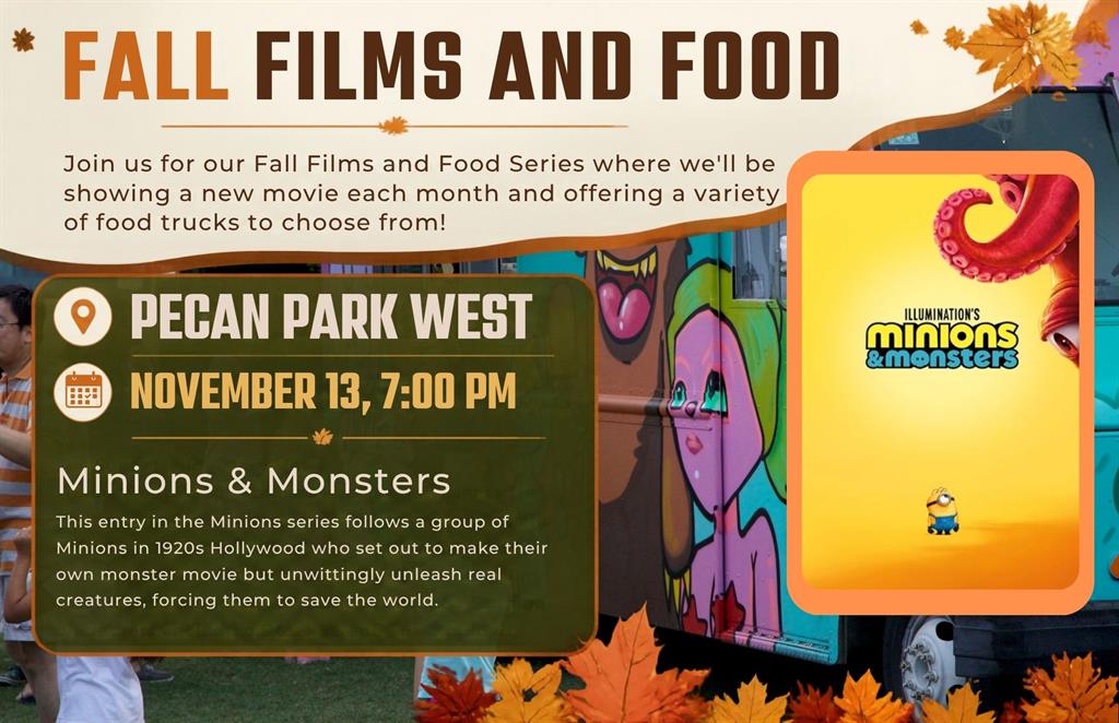 Fall Films Movie in the Park poster with the season's movie schedule and a QR code